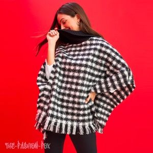 Chico's Black White Houndstooth Turtleneck Woven Knit Poncho Shawl Size S/M NWT